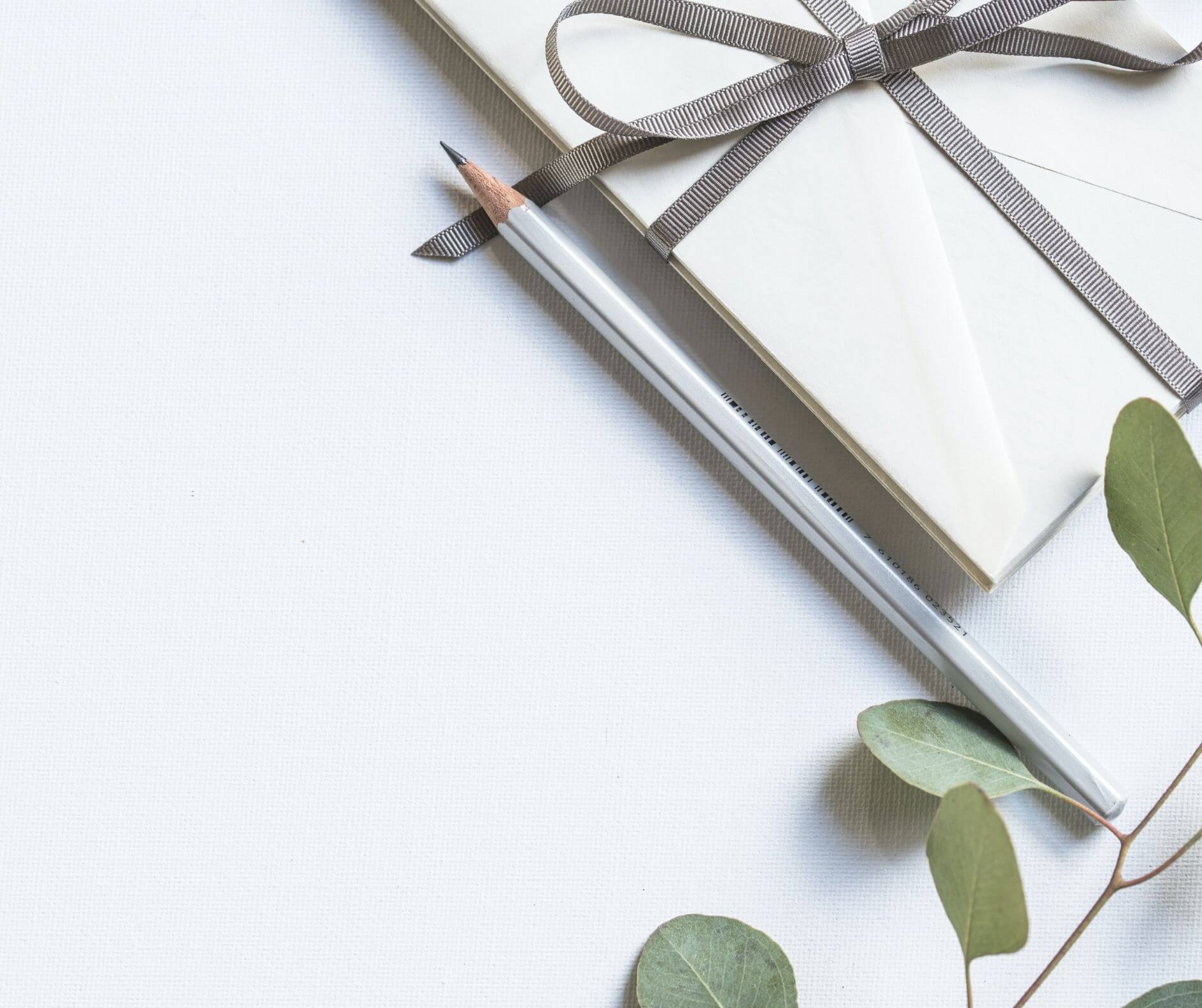Wrapped gift with ribbon beside a pencil and eucalyptus leaves on a white background by Studio Anansi.