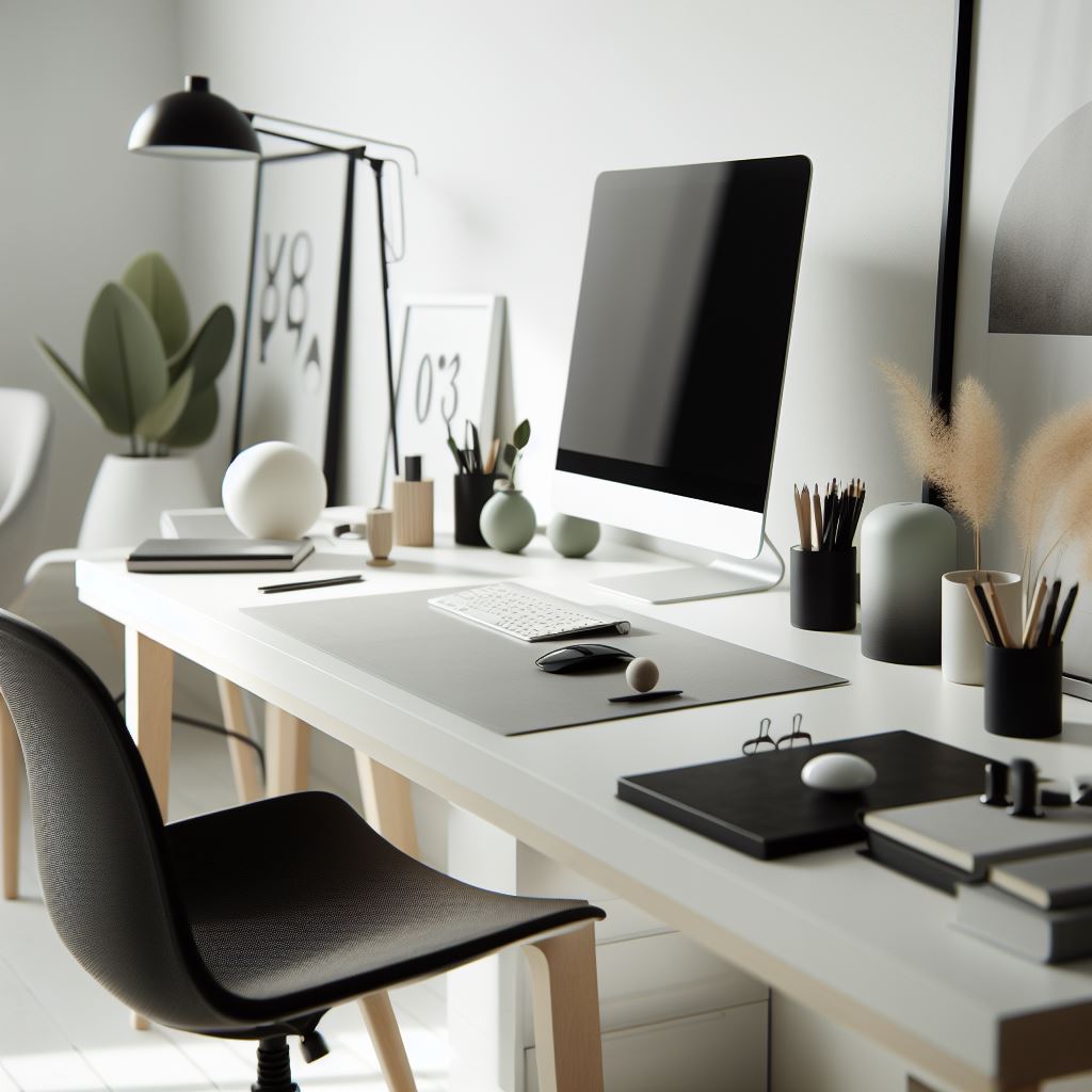 A white desk with black and white items on it.