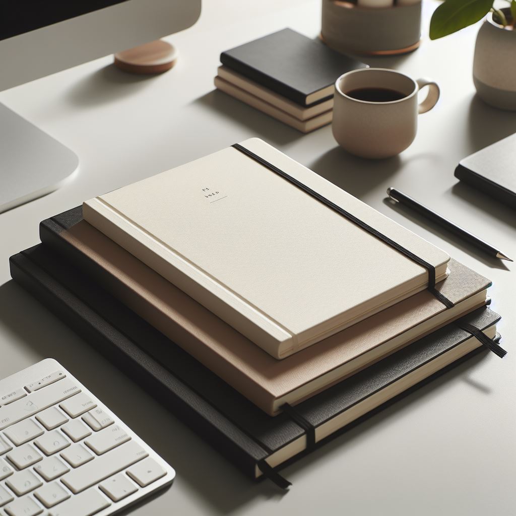 A stack of notebooks on a desk with a mouse and keyboard.